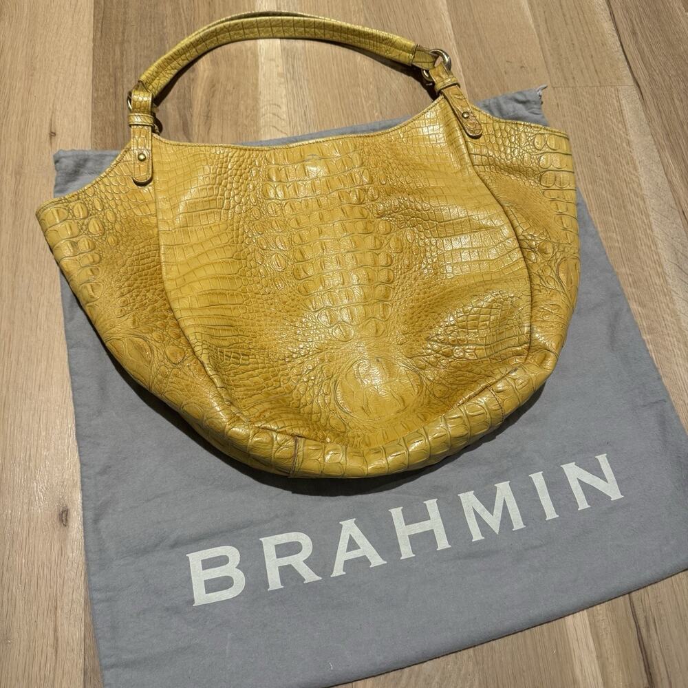 Brahmin HOBO TOTE Croc Embossed L JACQUELINE Brown Yellow Leather Shoulder Bag